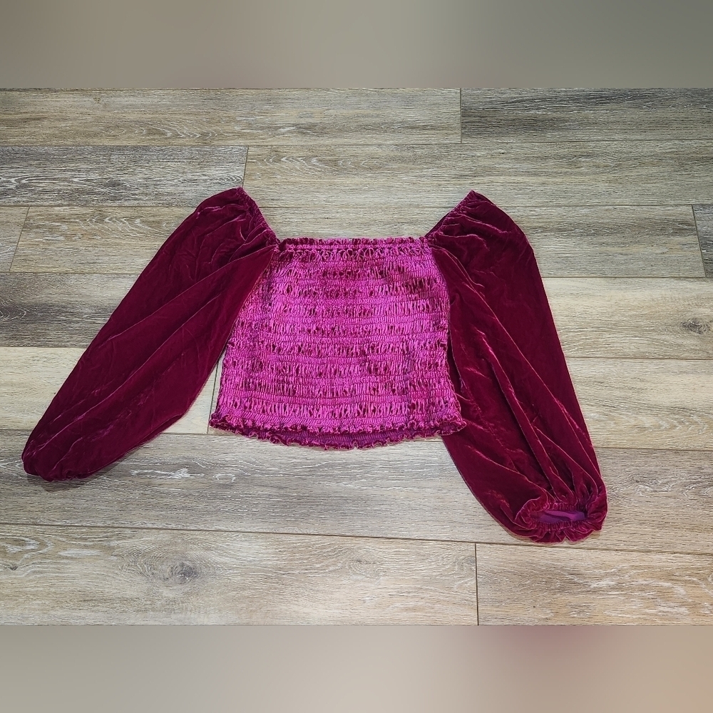Anthropologie Puff Sleeve Velvet Fuschia Crop Blouse Size Large - Picture 2 of 7
